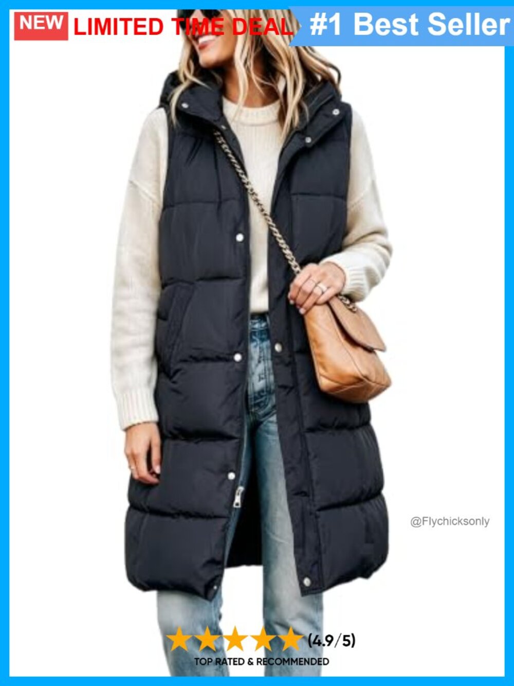 Long Puffer Vest Sleeveless Detachable Hood Quilted Winter Outerwear